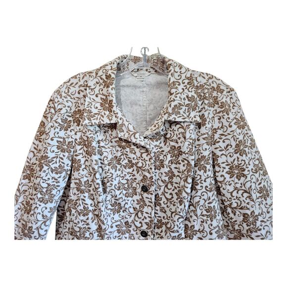 CHRISTOPHER CJ BANKS Women M Corduroy Jacket Blazer Buttons Tan White Floral 38" - Picture 2 of 8